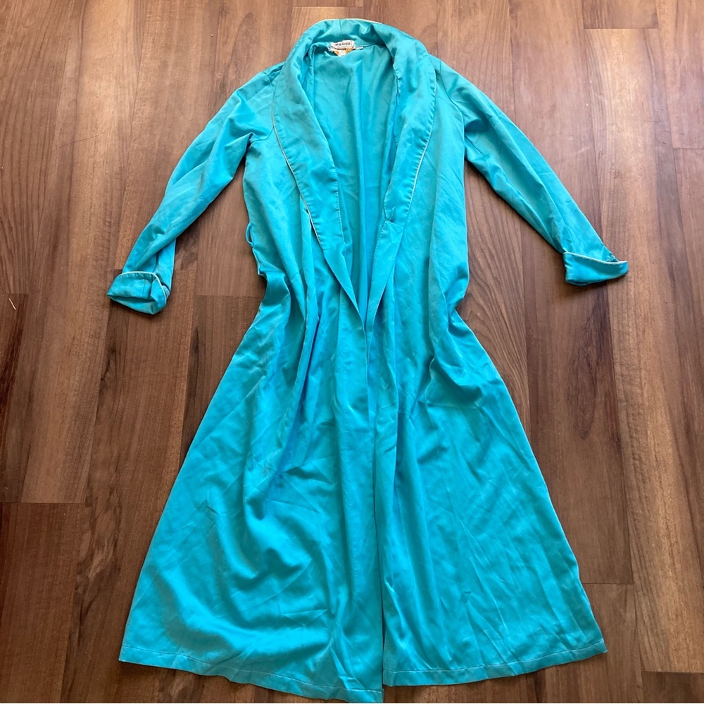 1960s Joseph Magnin Aqua Blue Full Length Robe W/ White Piping Vintage
